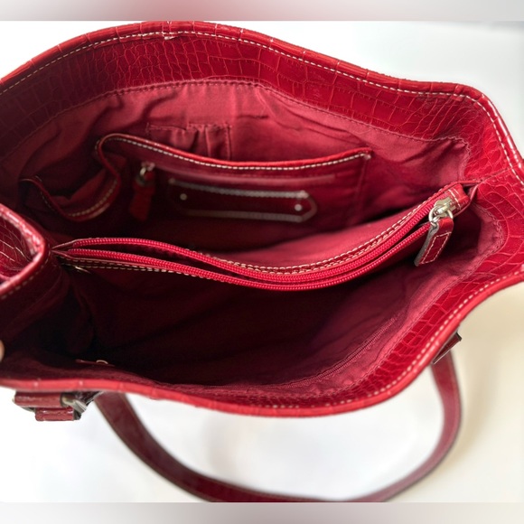 90s Style Liz Claiborne Red‎ Alligator Embossed Vegan Leather Shoulder Tote Bag - Picture 9 of 10